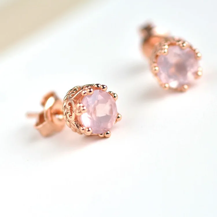 1pair 925 Sterling Silver Natural Pink Crystal Quartz Ear Stud 18K Rose Gold Simple Gemstone Earring Fine Jewelry Wholesale Gift