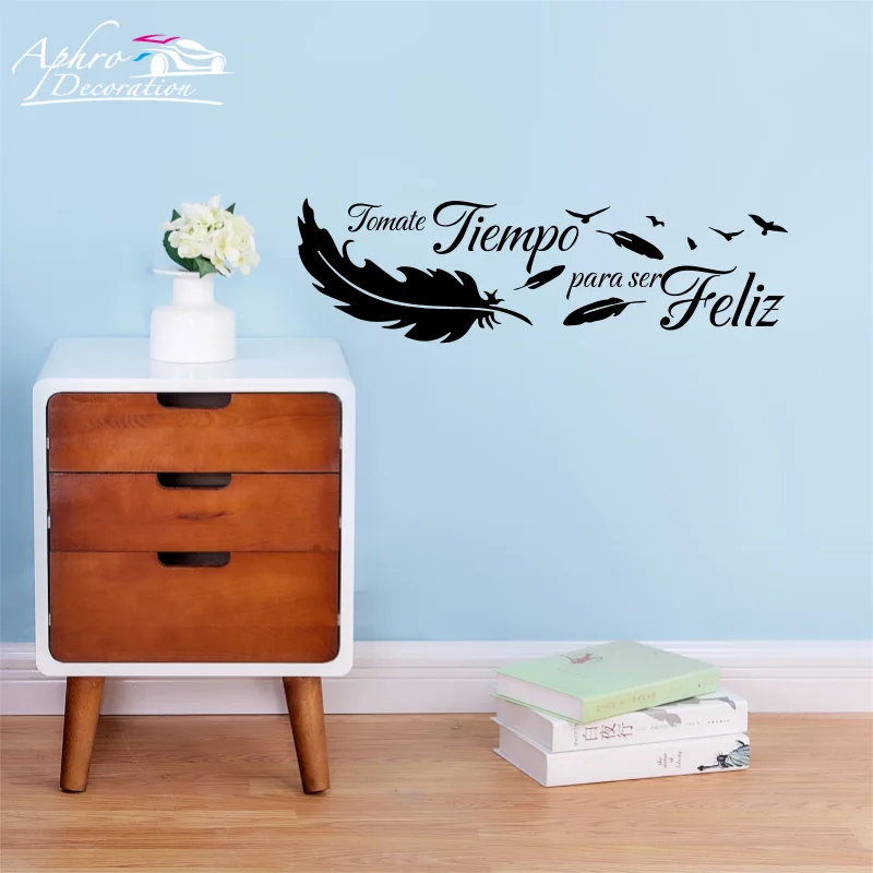 Tomate Tiempo  para ser Feliz Feather Wall Stickers Spanish Phrases Vinyl Wall Art Decoration Kids Children Room Wall Decals