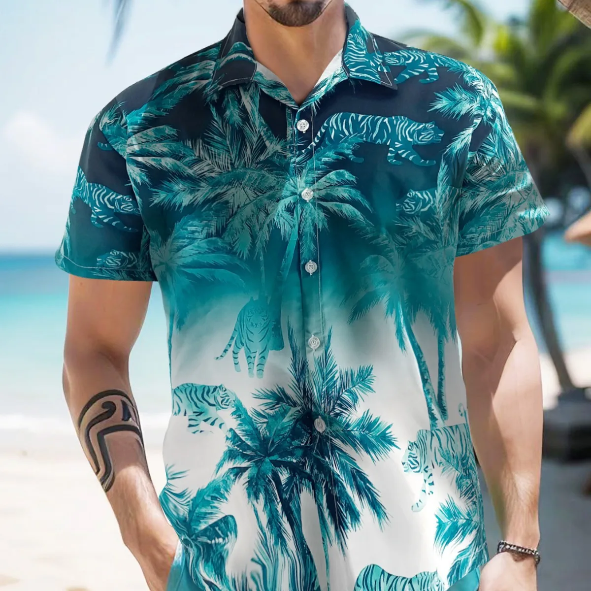 

2024 Summer Sale New Hawaiian Shirt for Men Tiki Gradient Print Loose Beach Resort Short Sleeve Shirt Camisas Masculino