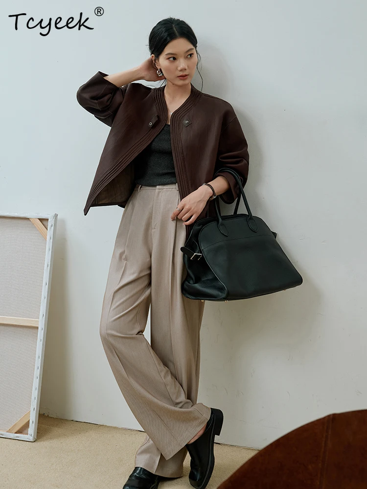 티씨익 양가죽 봄 가을 고급 레트로 브이넥 브라운 커피색 여성용 진짜 가죽 재킷