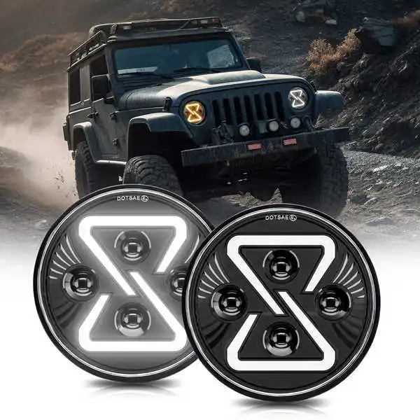 

7 Inch LED Headlight Round Wrangler Headlight 200w 300ooLM Yellow Gradient Angel Eyes H4 Headlamp for Jeep Halley 6000K/3500K