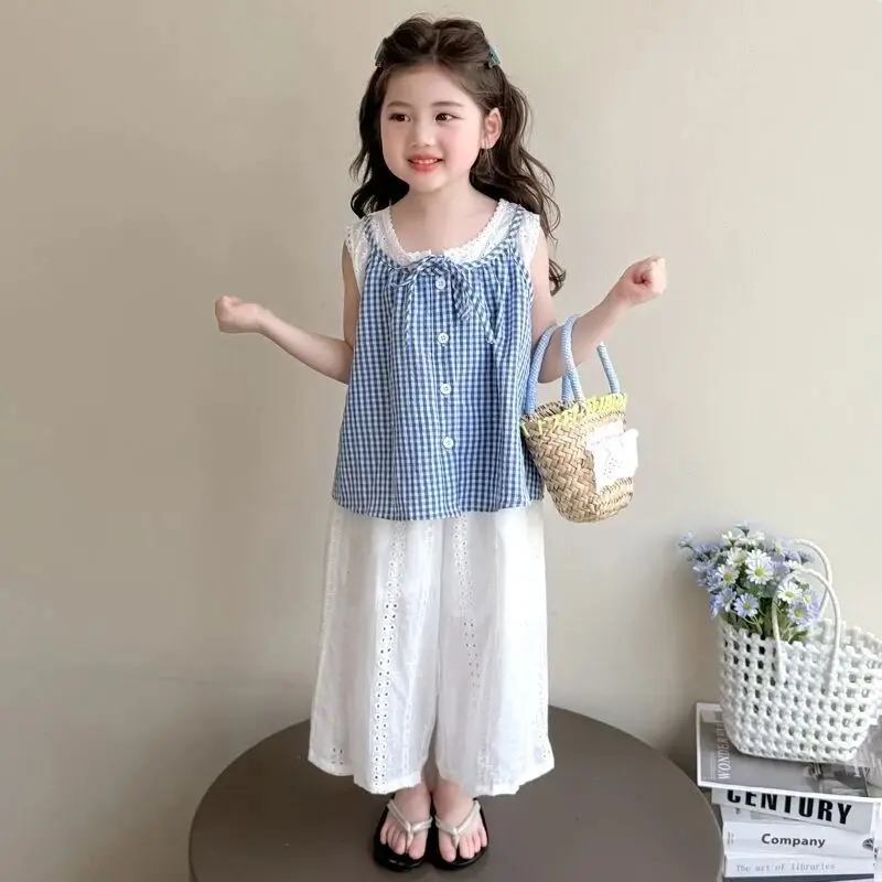 

Girls' summer set fashion new children's Plaid plaid top+wide leg pants two-piece set 2 4 6 7 9Y