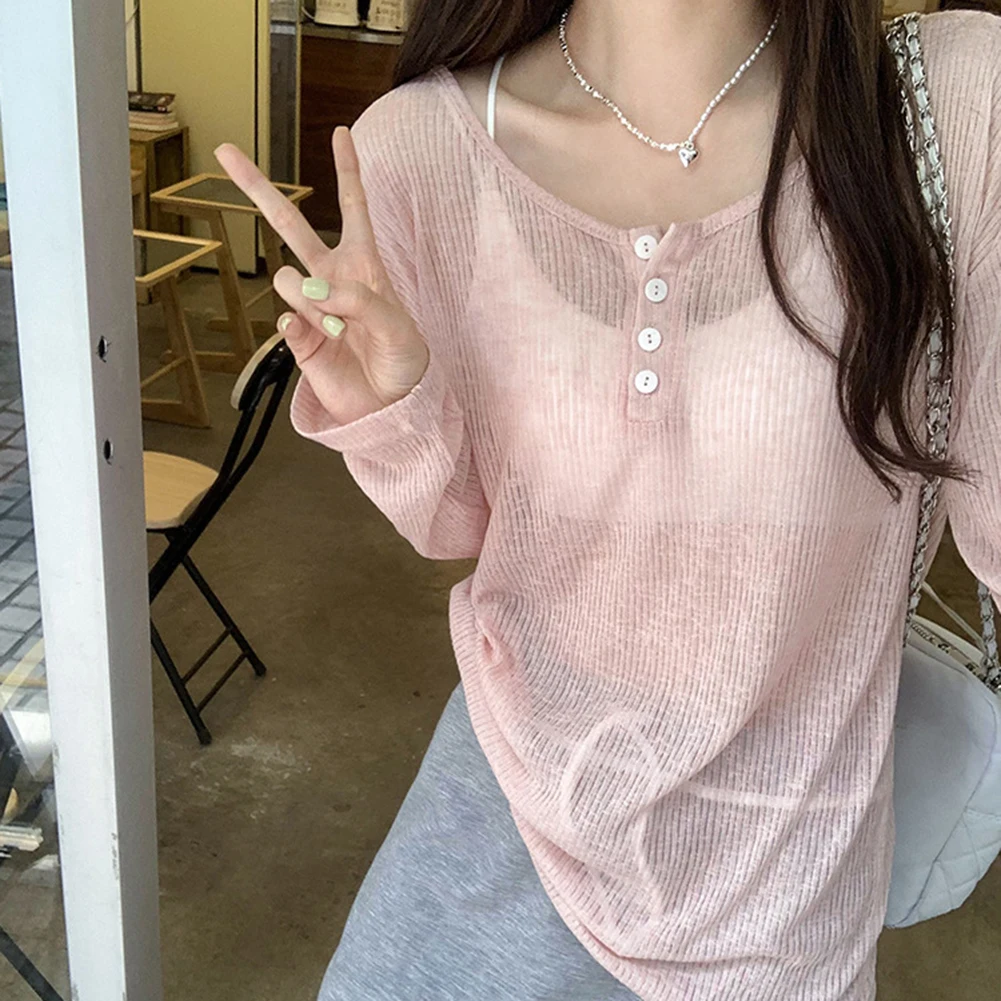 

Basic See-through Fashion Pink A-shirt Microelasticity Fabric Regular Length Basic Style Crew Neck Design Polyester Fabric