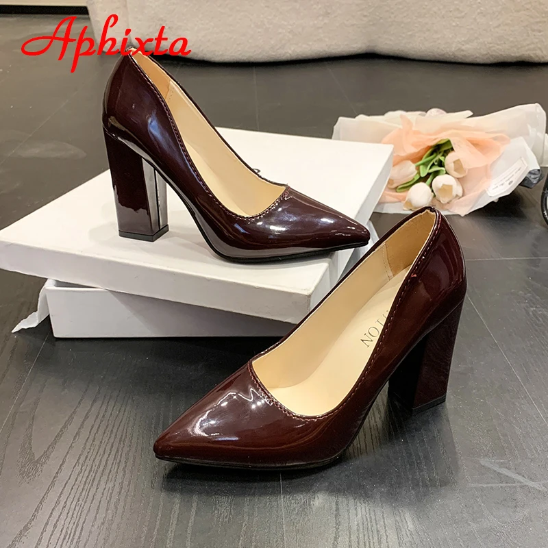 Aphixta 2023 Autumn 3.94Inch Chunky Heels Pumps Women Shoes Wine Red Patent Leather Sexy Party Official Leisure Plus Szie 33-46