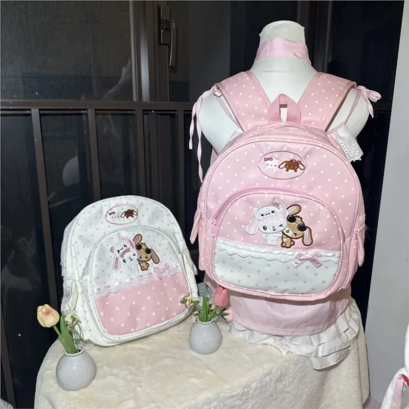 Японский милый милый розовый рюкзак в горошек, женский маленький рюкзак с рисунком кролика, женский рюкзак в стиле Харадзюку с кружевным бантом, Mochilas Mujer, новинка 2023 года
