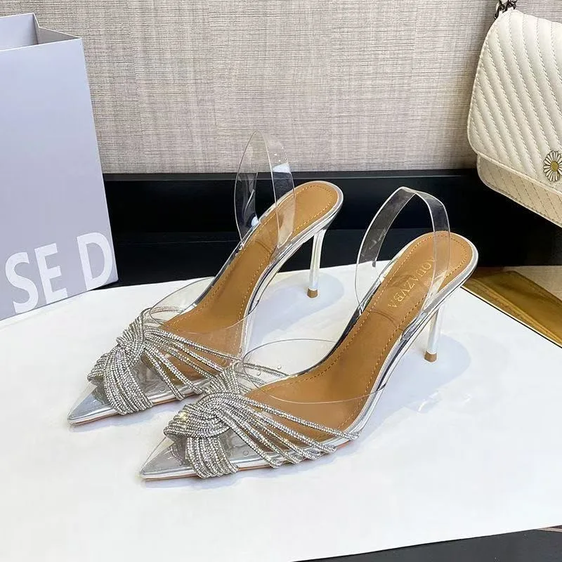 

Women High Heeled Sandals 2025 Summer New Clear PVC Sandals Luxury Silver Crystal Pumps Sexy Pointed Toe Banquet Shoes for Women