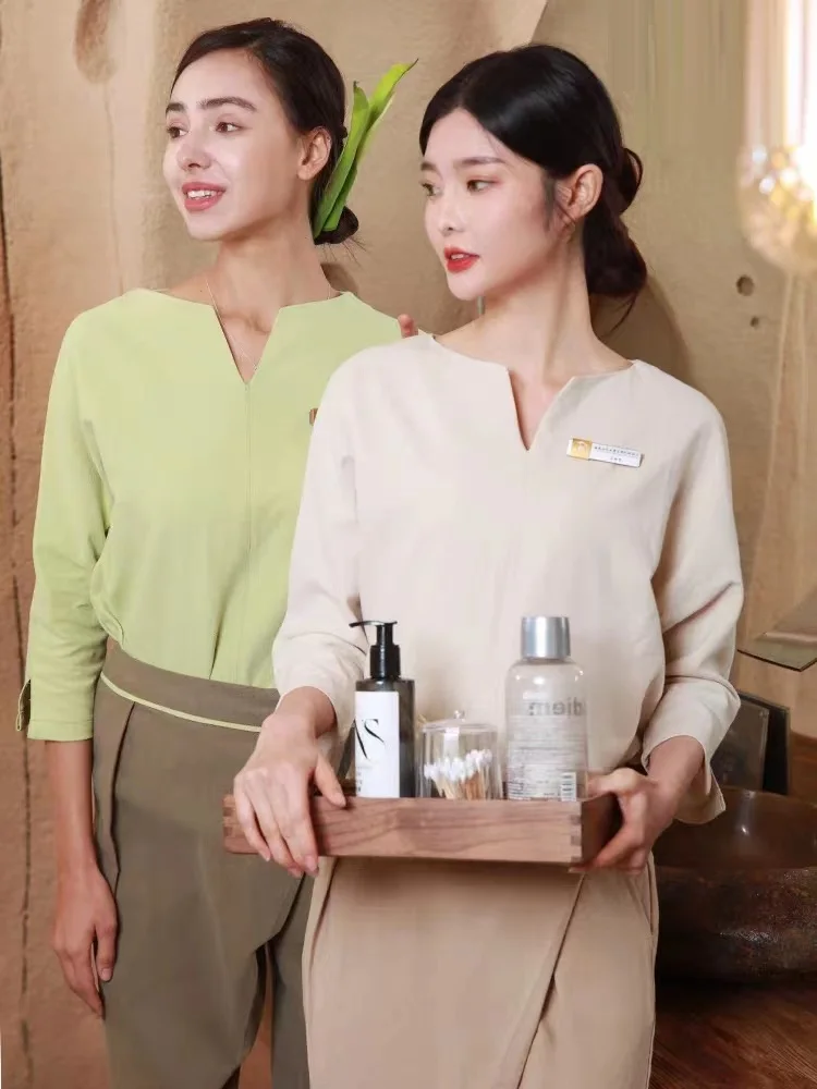 

2023 New Beauty Artist Working Clothing Spring High Quality Beauty Salon SPA Uniform Set Health Technician Green Top+Pants Sales