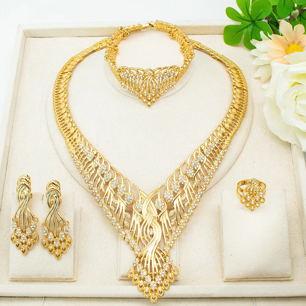 Dubai Nigeria Rhinestone Jewelry Set For Women Fashion Necklace Set Big Set Jewelry Party Banquet Accessories