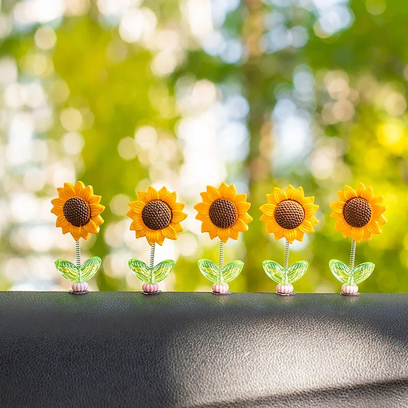 5PCS/Bag Cute Shaking Head Sunflower Car Ornament Bicycle Decoration Flower Ornaments Automotive Interior Decoration Accessories