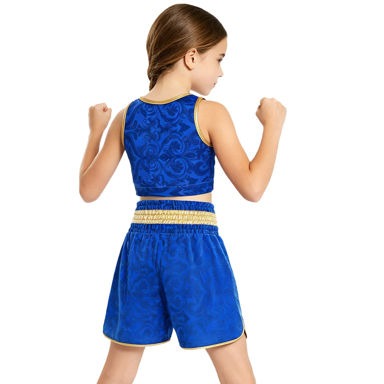 Kinder Jungen Mädchen Metallic-Verzierung Kampf-Boxoutfit mit Kapuze, Boxermantel und Gürtel, Blumenmuster-Weste mit elastischem Bund und Shorts – Detail 11