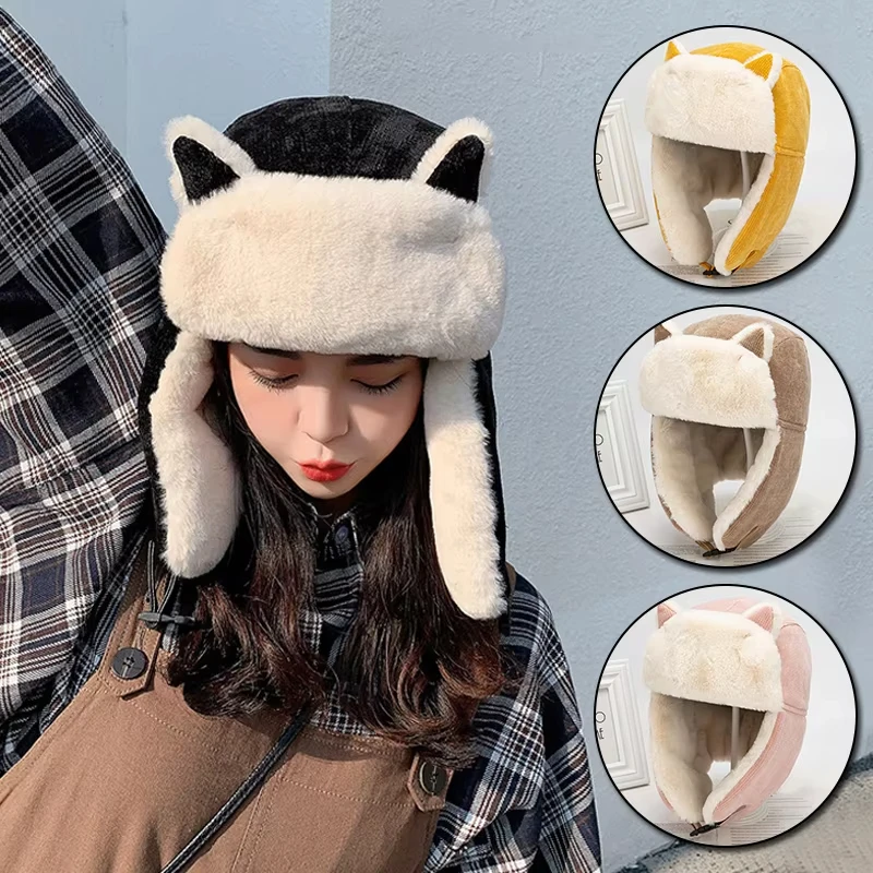 Niedliche warme Ohrenschützer-Mütze für Damen, verdickte Ohrenklappenmütze, Winter, kältebeständig, warme Baumwollmütze, Katzenohrkappe, russische Mütze