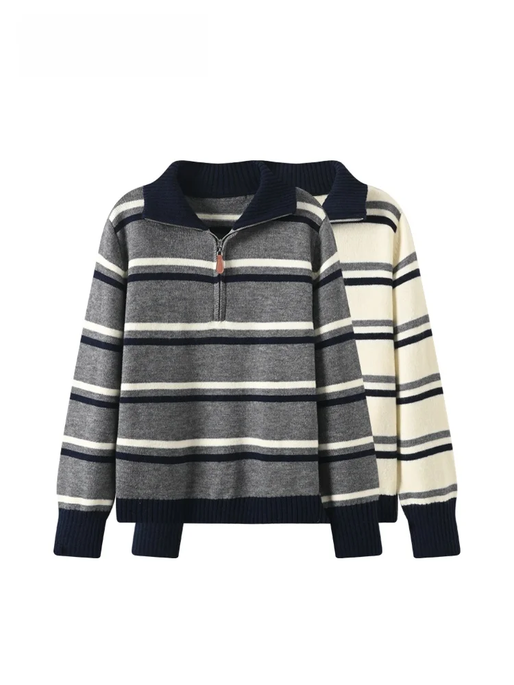 

Женский трикотаж с воротником больших размеров, длинный све в полоску, свободный крой, осень-зима, модный повседневный удобный топ для внутренней одежды