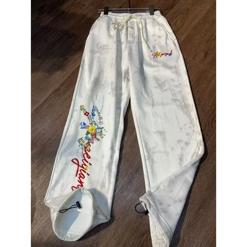 Adjustable Drawstring Ankle Cuffs Tie‑Dye Loose Sweatpants Chic Floral Embroidery Hip Hop Graphic Bottom Trouser Preppy Harajuku