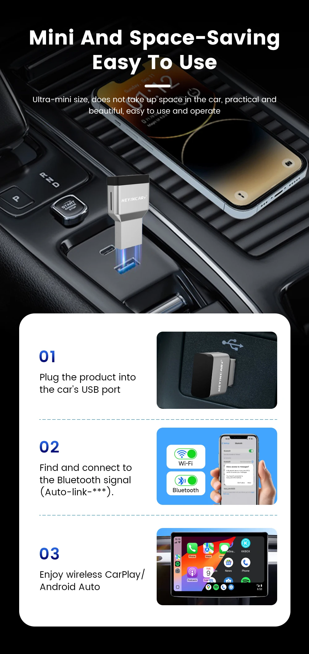 HEYINCAR Mini Air 2-in-1 Kabelloser CarPlay Android Auto Adapter 5,8GHz Plug-and-Play Dongle für Kabelgebundenes Carplay und Android Auto – Detail 12