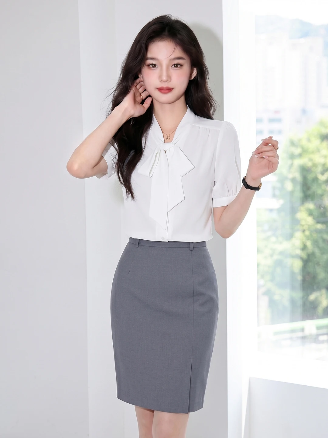 

White Tie-Detail Short Sleeve Shirt for Women Commute OL Style Workwear Professional Clothing Summer 2026 New Arrival