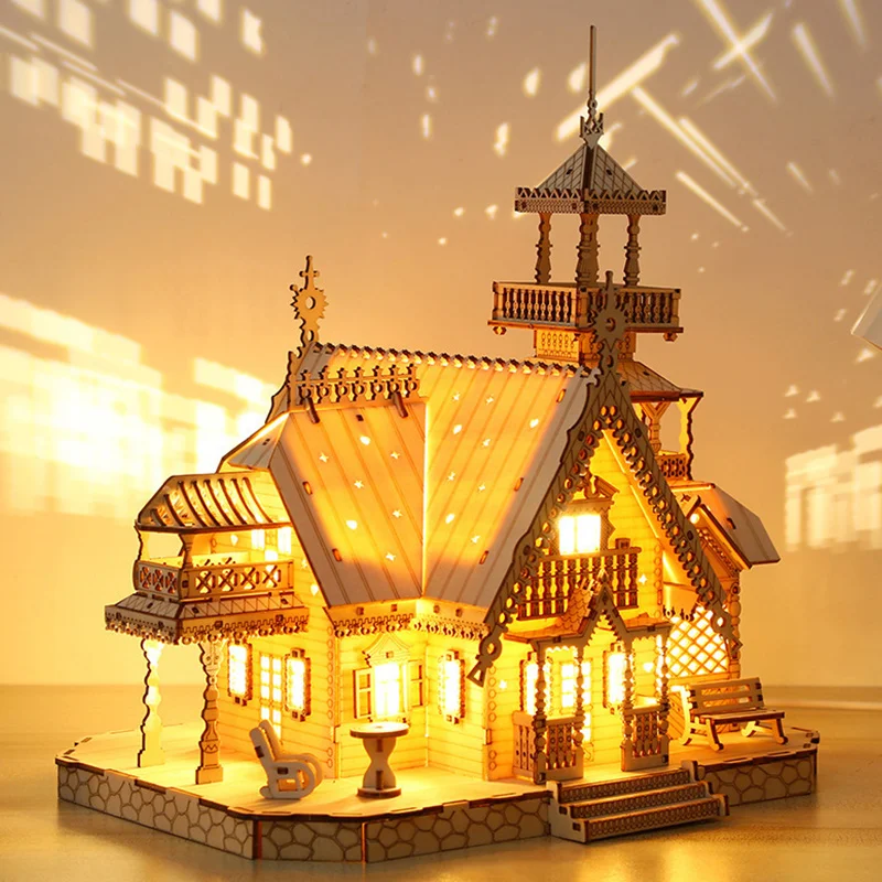لتقوم بها بنفسك فيلا ثلاثية الأبعاد أطقم منمذجة خشبية ضوء القلعة الألغاز التجمع لعبة طفل الكبار نموذج أطقم عيد الميلاد الديكور هدية عيد الأطفال #1
