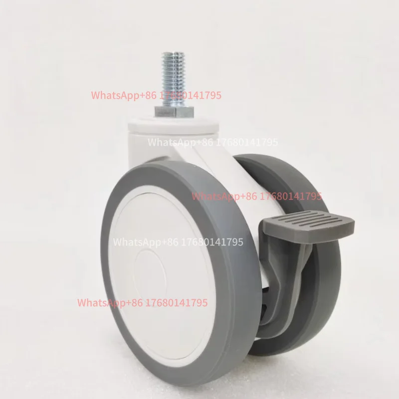 Medical casters 4 in 100mm, rotating ball bearing, silent running, threaded shield, nylon/TPR flat type, galvanized tread