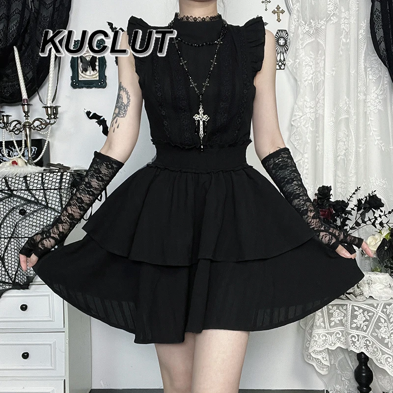 High Street Style Gothic Sleeveless Dress Short Sleeve Shirt Fashion Vintage Y2k Punk Solid Color Women's Casual Dresses