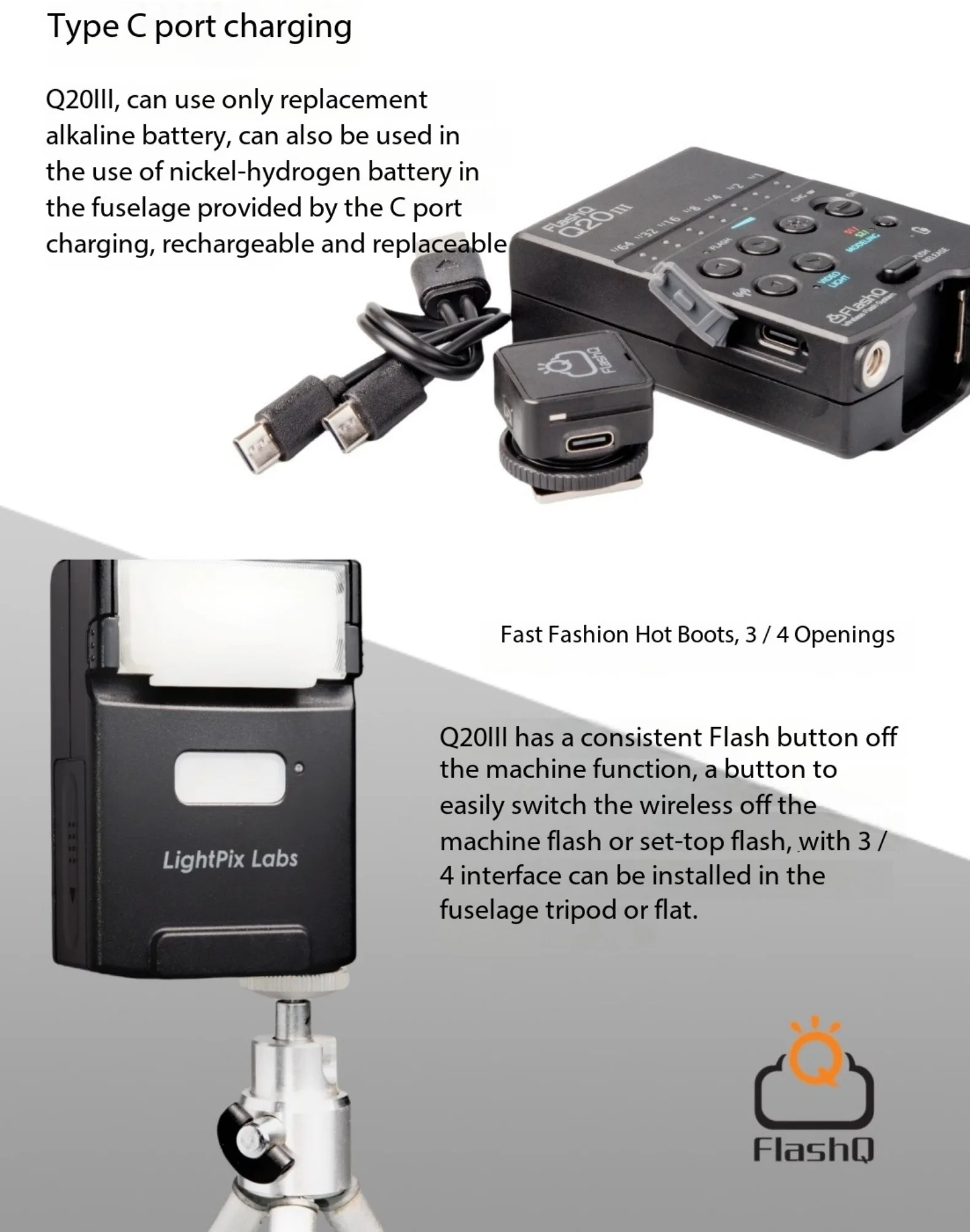 LightPix Fuji XM5 Sony ZVE10 Nikon Canon Universal On-camera 용 무선 플래시 트리거가 장착 된 새로운 Q20II Q20III 미니 플래시