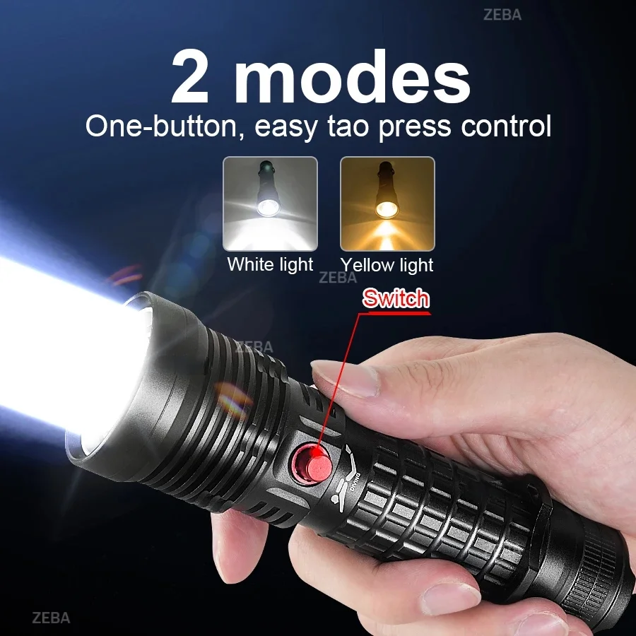 9000000LM Super Bright LED Diving Flashlight Powerful Waterproof Diving Land Dual-purpose Light Hunting Emergency Two-color Lamp