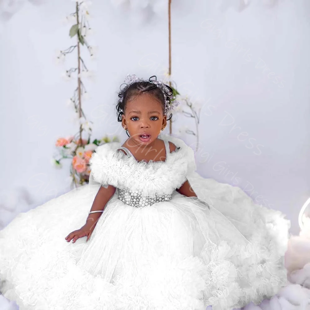 Abito da ragazza di fiori per bambini per matrimonio con spalle scoperte e perline, abito da principessa in tulle a strati, abito da festa di compleanno personalizzato