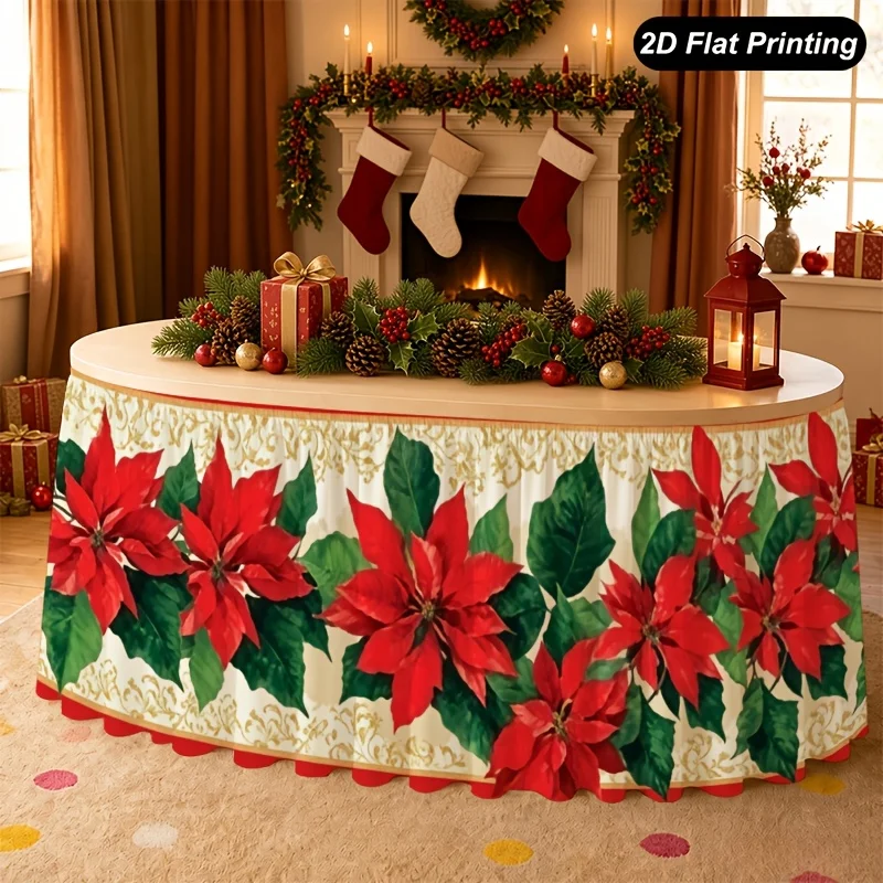 One-piece Christmas tablecloth: red Christmas flowers, green leaves, white Christmas table dress
