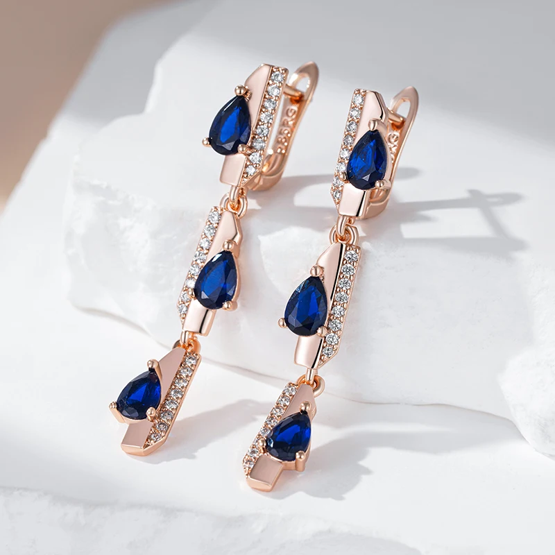 Kinel Full Blue Natural Zircon Geometry Long Dangle Earrings For Women Fashion 585 Rose Gold Color High Quality Daily Jewelry