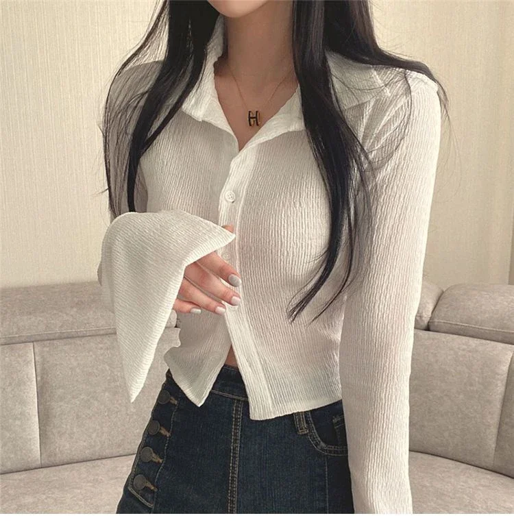 Women Shirt Slim Waist Flare Sleeve Blouses 2023 Blusas Mujer De Moda Chic Vintage White Blouse Korean Summer Crop Tops