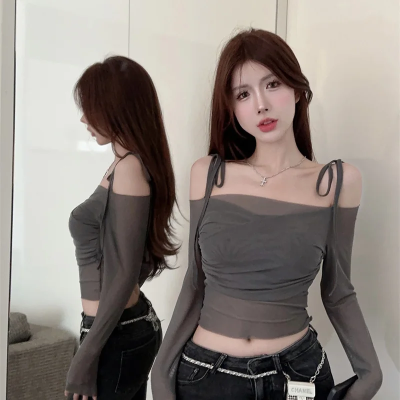 Mesh long sleeved sun protection lace up T-shirt for women in summer, thin design, one shoulder short design, exposed navel top