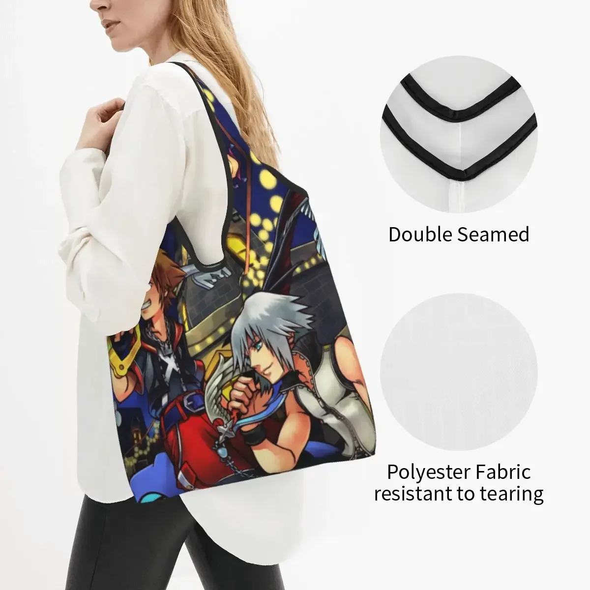 Custom Kingdom Hearts Dream Drop Distance Groceries Tote Shopping Bags Women Kawaii Sora and Riku Shoulder Shopper Bags Handbag