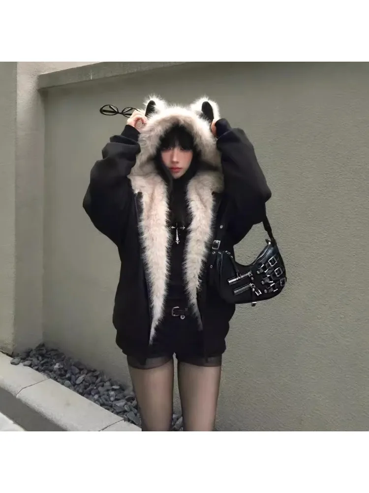 

Теплая зимняя куртка из замши с меховым воротником и ушками, утепленная, с длинными рукавами, повседневный стиль, для пар