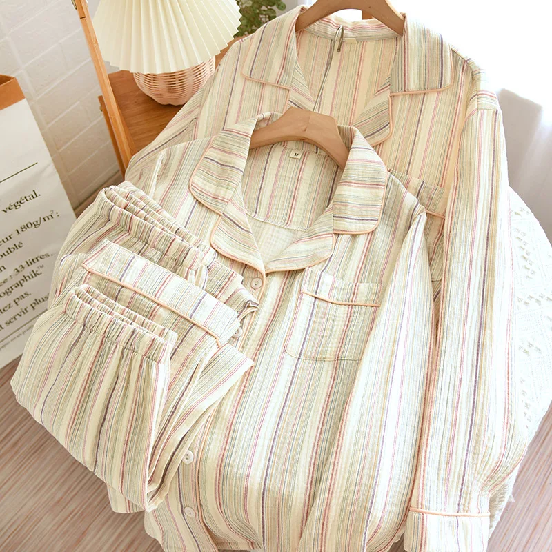 2023 Autumn Striped Crepe Double Layer Gauze Couple Pajamas Cotton Long Sleeve Trousers Sleepwear Men's and Women's Home Clothes