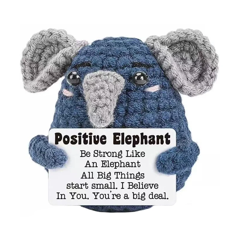 

Funny Crochet Positive Energy Elephant With Card Desktop Ornament Handmade Knitted Emotional Support Dog Doll Decoration Gifts