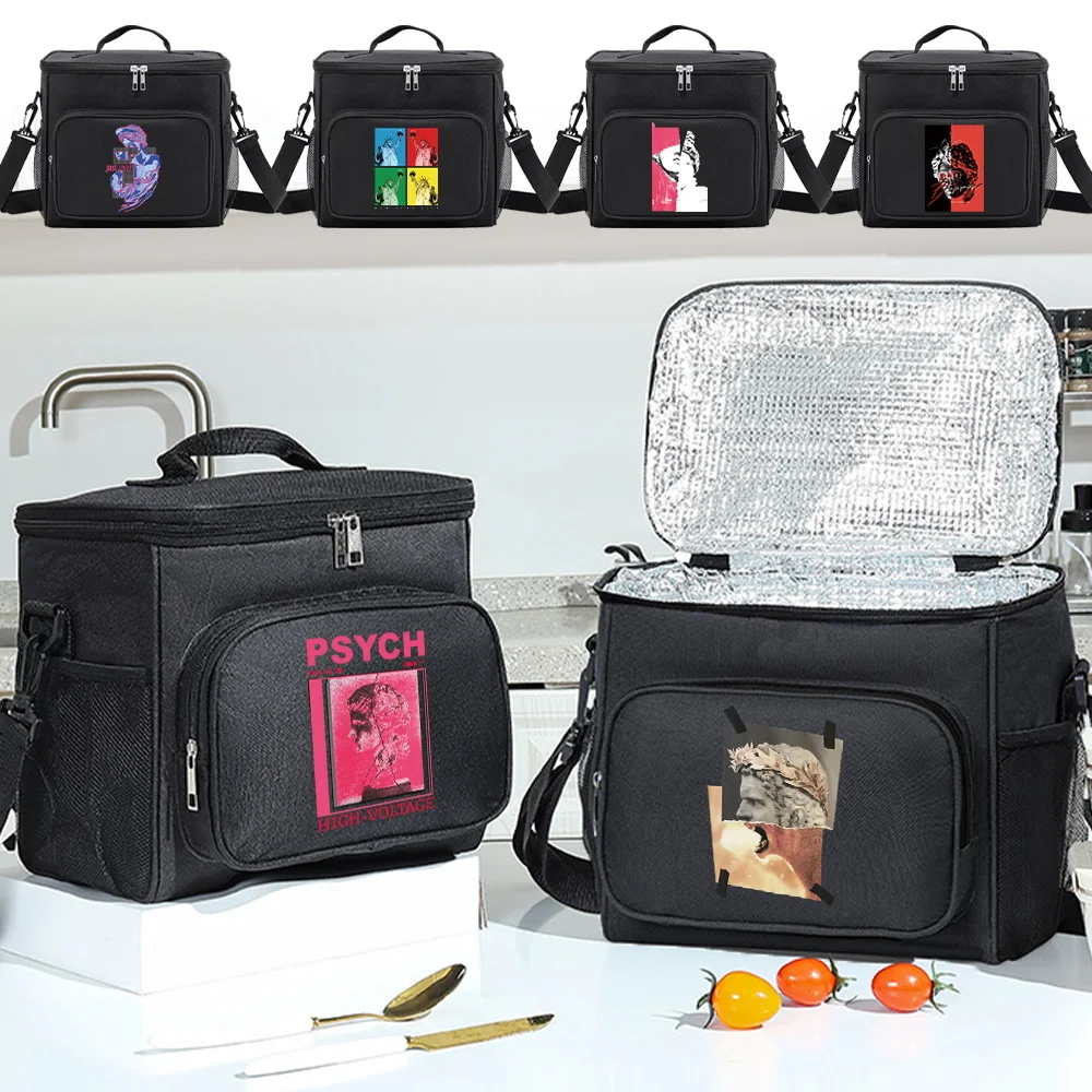 2024 Multi-Pocket Lunch Box for College Student Black Color Food Tote Bag Storage Bag Organizer Bento Sculpture Series Printing