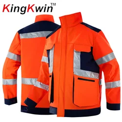 Men's Orange Black Safety Softshell Jacket Reflective High Visibility Coat Work Pants Fleece Lined Workwear Jacket And Trousers