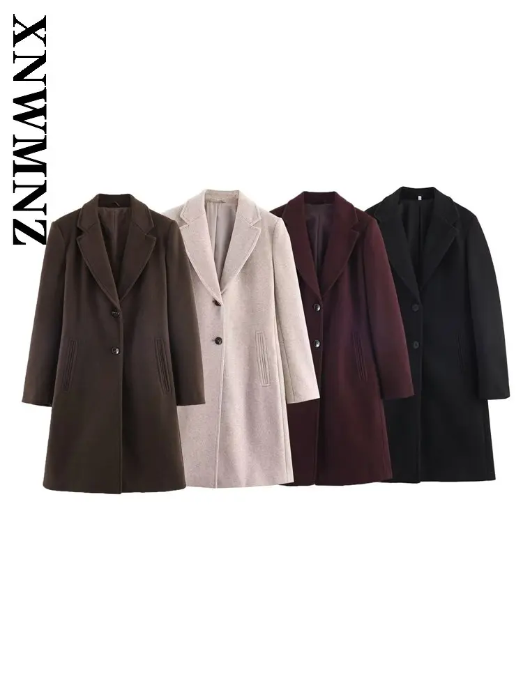 

XNWMNZ 2025 зимнее женское шикарное твидовое смешанное пальто с зубчатым воротником, простое женское универсальное пальто с длинными рукавами для путешествий