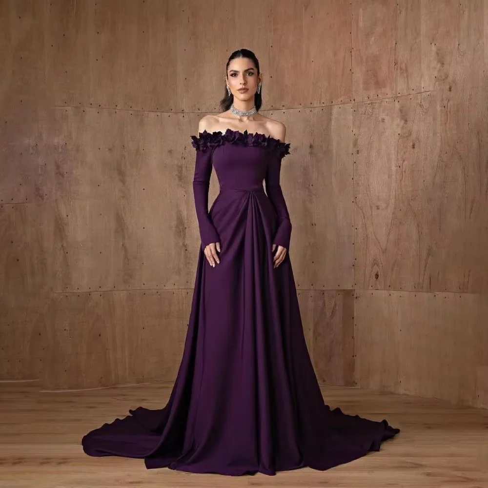 Vestido de noite longo com flores roxas, mangas compridas, vestido de baile, linha a, personalizado, elegante, ombro de fora, vestido de festa feminino, vestido de casamento