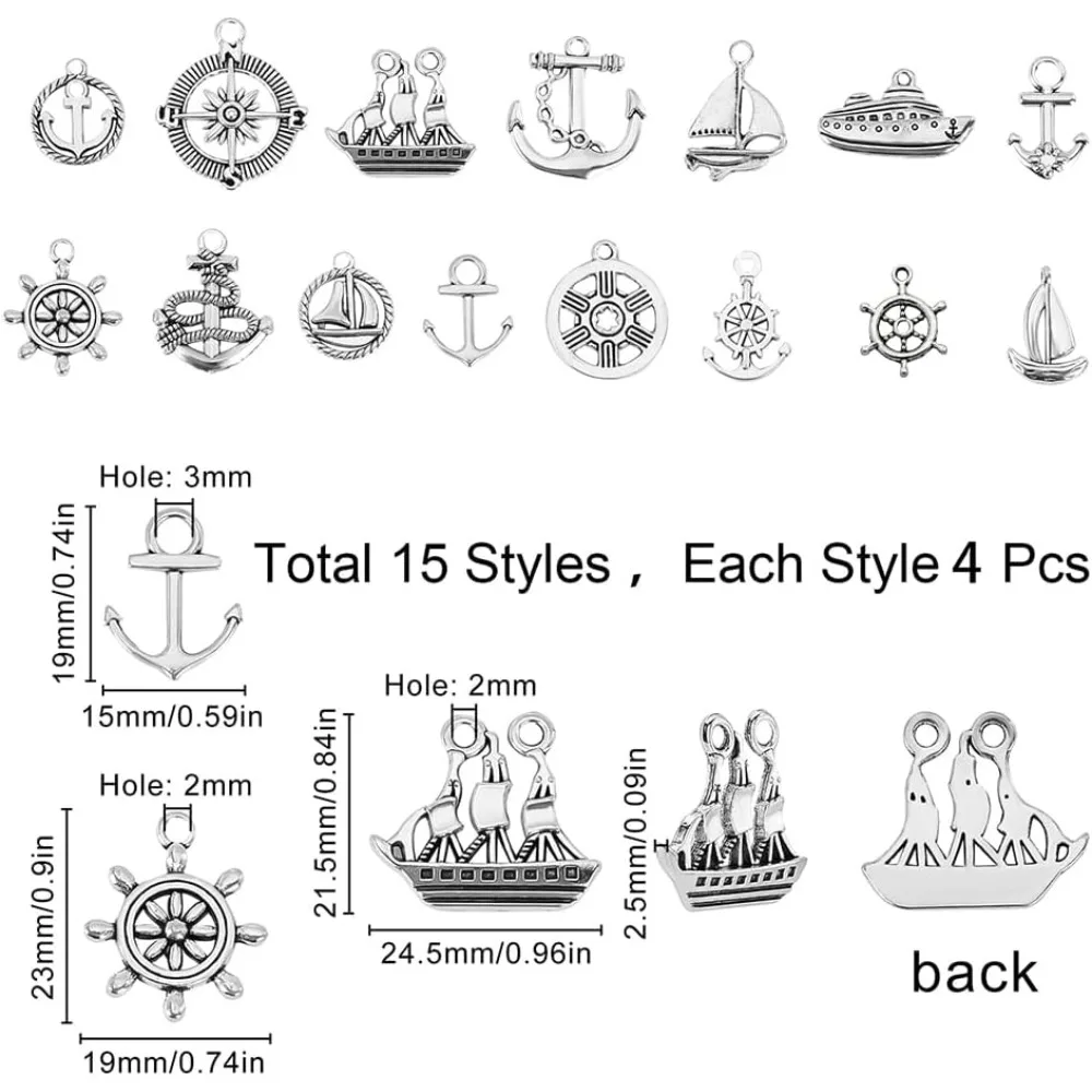 1 Box 60Pcs 15 Styles Anchor Charms  Alloy Helm Ship Flat Round Boat Vehicle Wheel Shape Ocean Sailing Theme Pendants