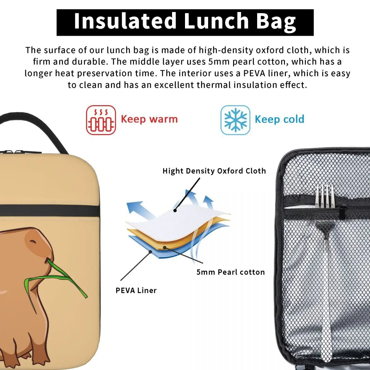 Capybara With A Leaf, Eat Your Greens Insulated Lunch Bag for Women Children Portable Food Boxes Thermal Lunch Box Tote