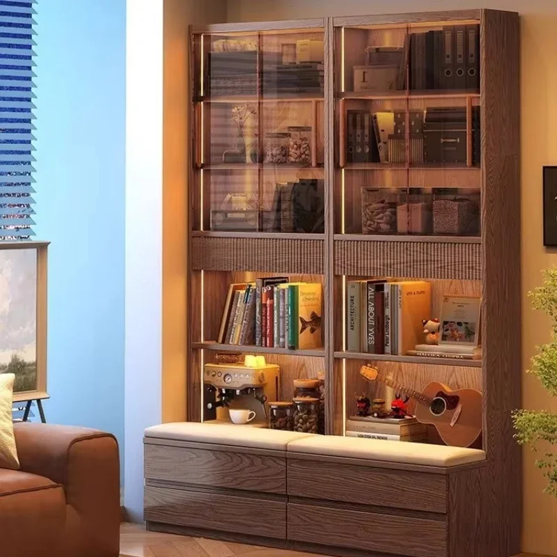Modern luxury design solid wood bookcase with glass display full wall, integrated living room locker