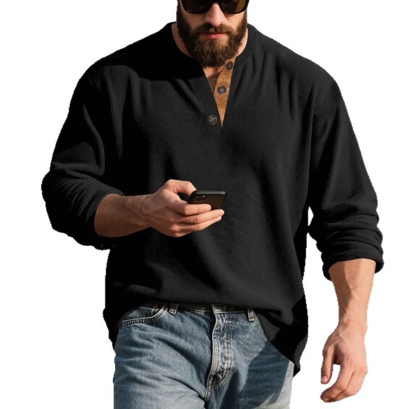 Autumn Corduroy Long Sleeve Men's T-Shirt Simple Retro Loose Casual Henley Men's Top