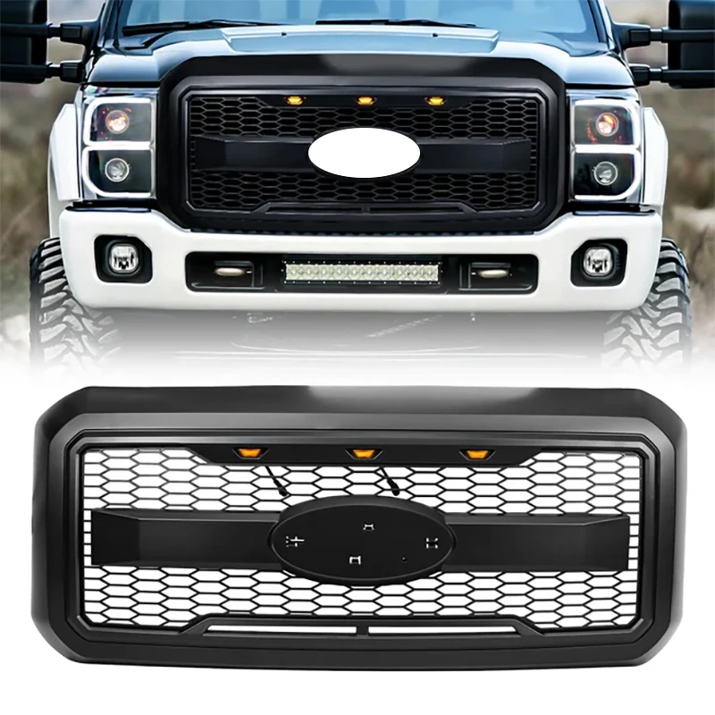 FOR Ford F-250/350/450/550 2011–2016 Front Grille,Raptor-Style Mesh Grille with Amber Lights, Matte Black OE BC3Z-8200-G