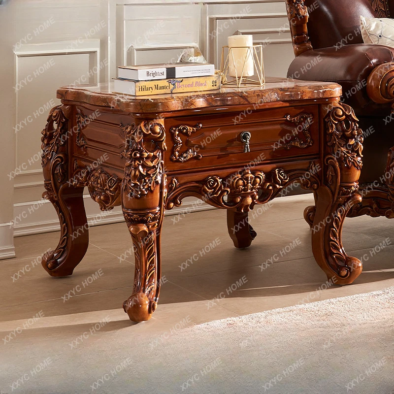 European-Style Corner Table Villa Solid Wood Carved Marble Living Room Square Table Side Table Phone Table TV