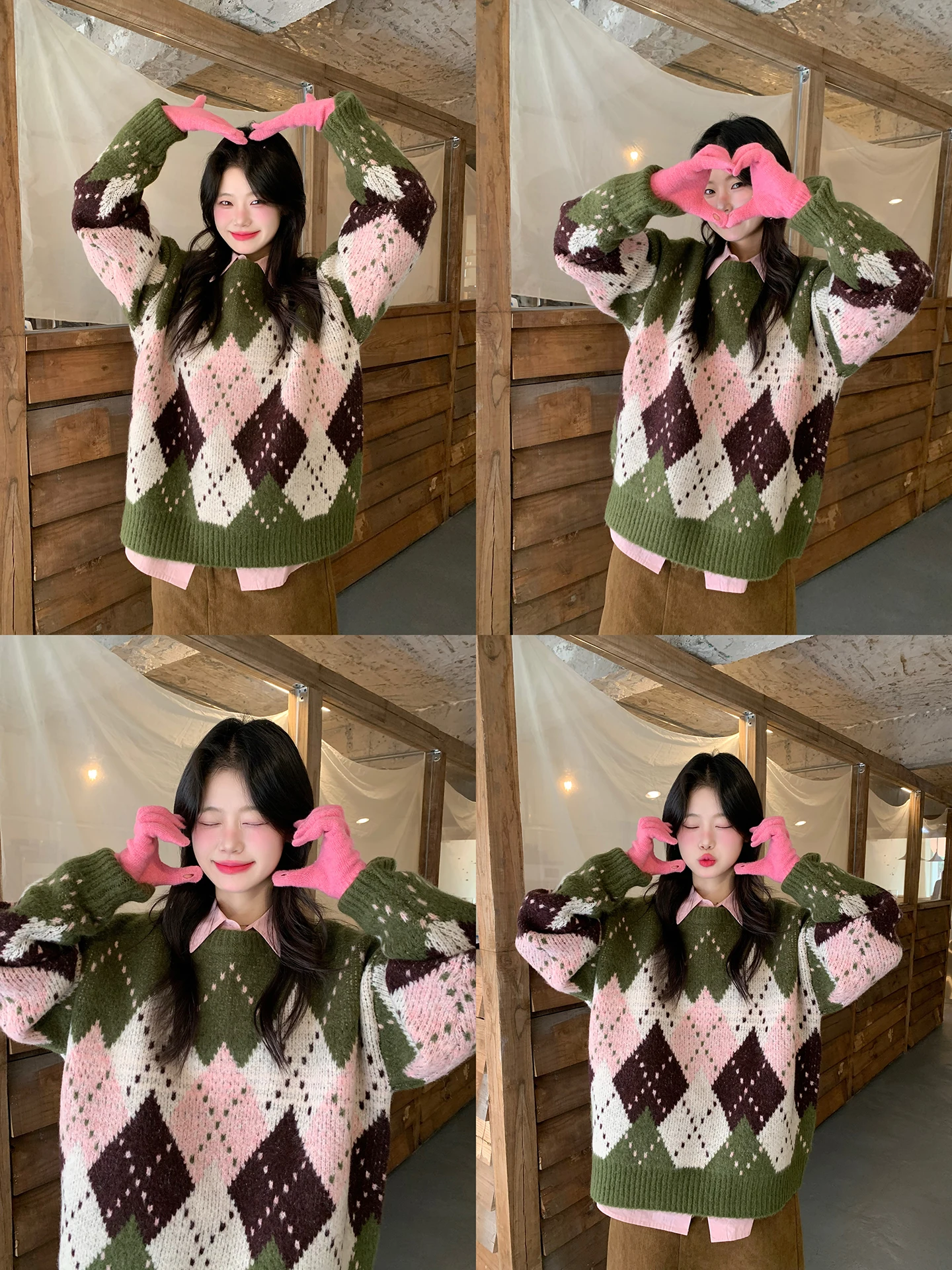 

Color Blo Knitted Sweater Women's Winter Faion Diamond Pattern Embroidery Thiened Outerwear round Ne Long Sve Top