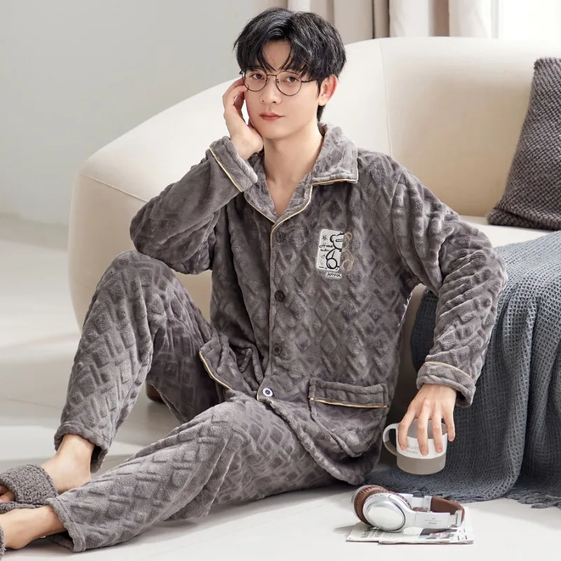 Men's Minimalist Thick Warm 2‑Piece Pajama Set Soft and Comfortable With Practical Pockets Casual Loungewear for Autumn & Winter
