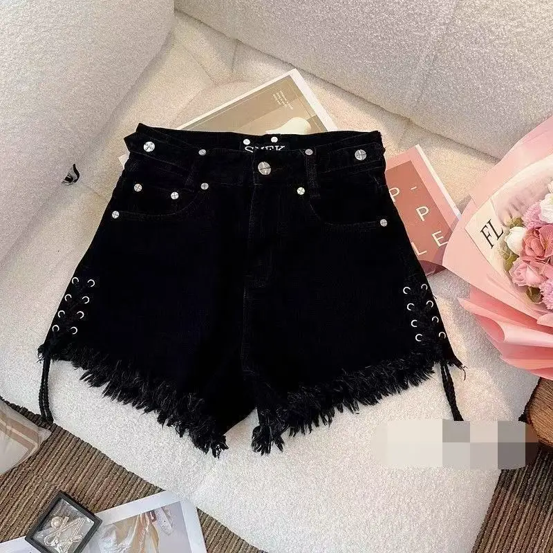 Women's Black Bandage Raw Edge Cross Flower Denim Shorts Personalized Streetwear Fashion Summer Slim High waisted Hot Pants