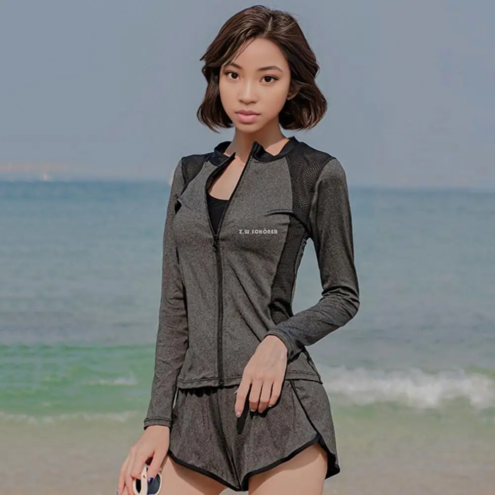 Zipper Swimsuit Top Unisex Long Sleeve Swimsuit Set with Zipper Closure Top Adjustable Waist Shorts for Surfing for Quick-drying image 5