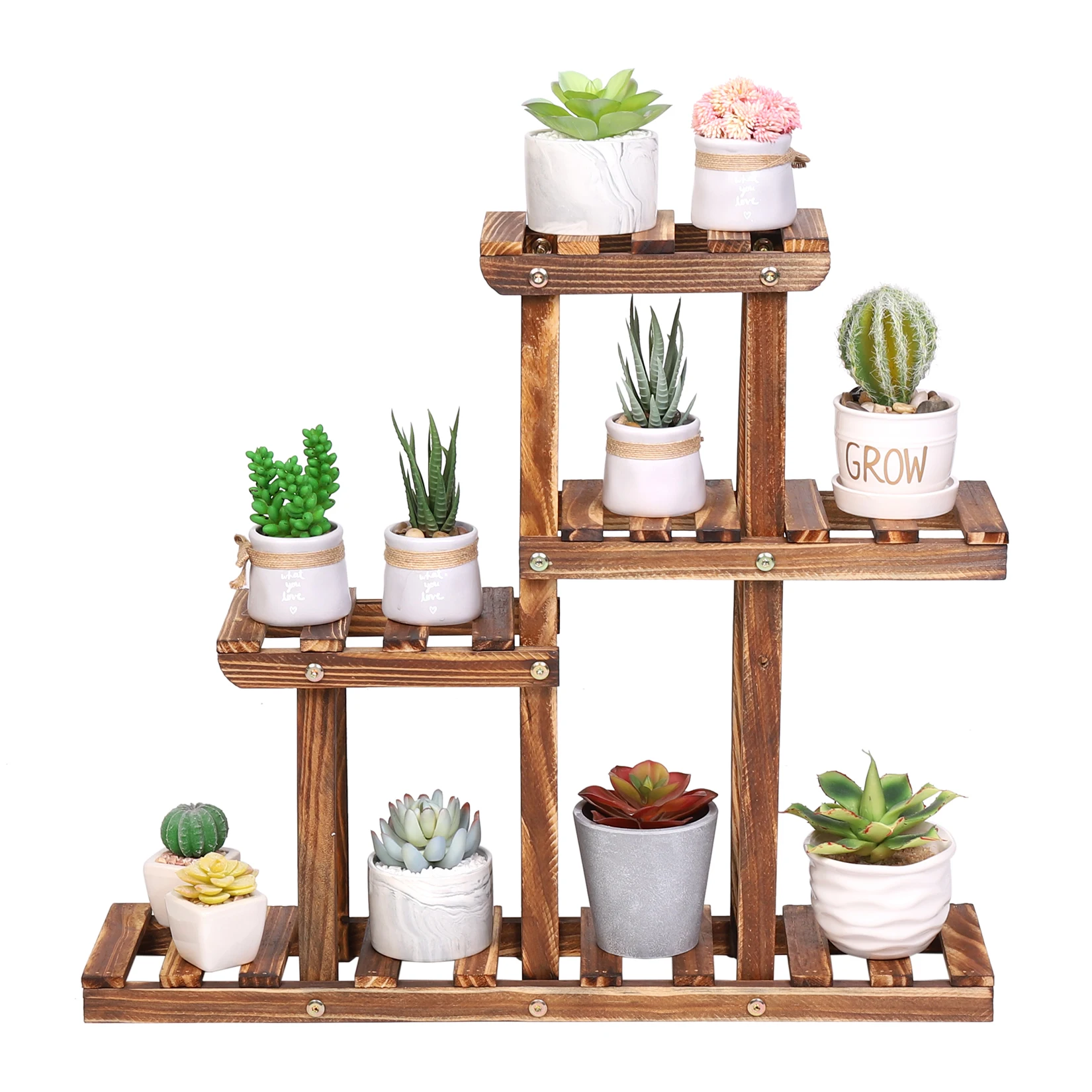 Soporte para plantas de madera carbonizada, estante para suculentas de varios niveles, Mini soporte para plantas de escritorio para balcón y jardín