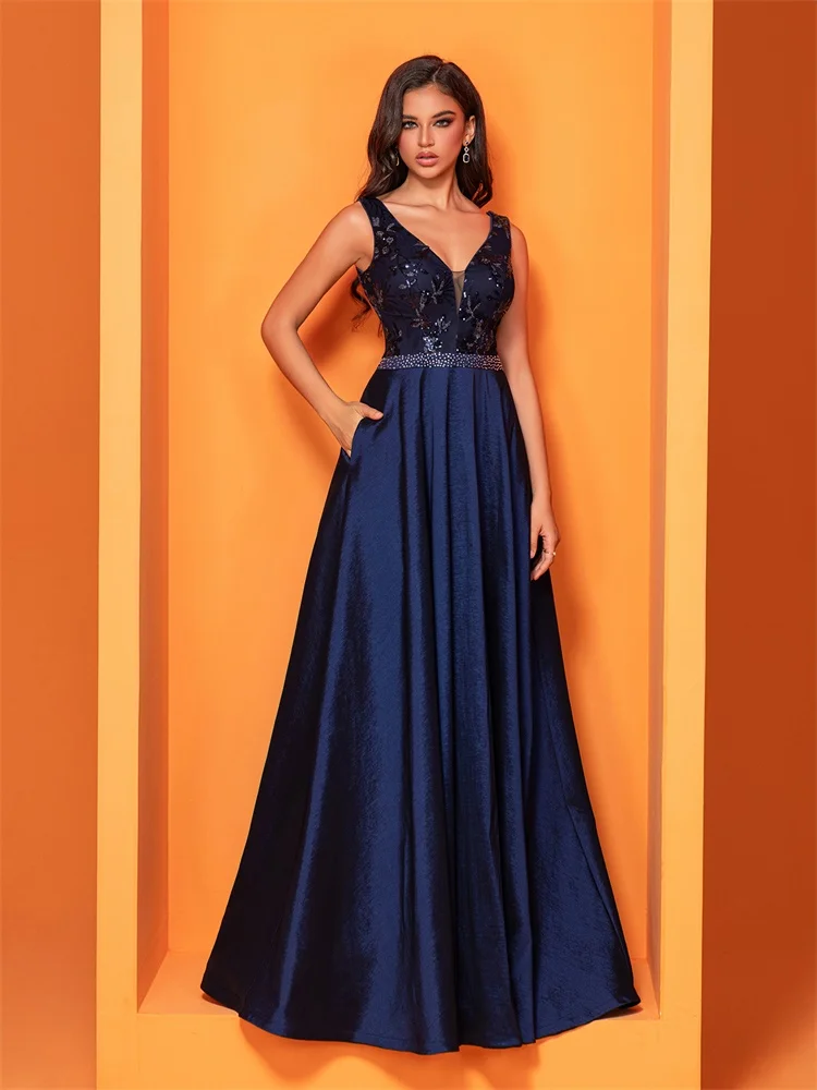 Lucyinlove Luxury Sexy Deep V-Neck Sequins Blue Evening Dress Women Elegant V-back Satin Party Long Prom Cocktail Dress