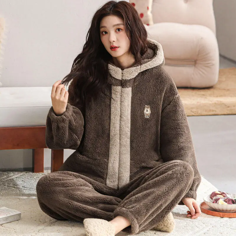

Hooded New Model Thicken Pajamas Female Autumn Winter Homewear Women's Coral Fleece Loungewear Plush Design Home Wear Outerwear